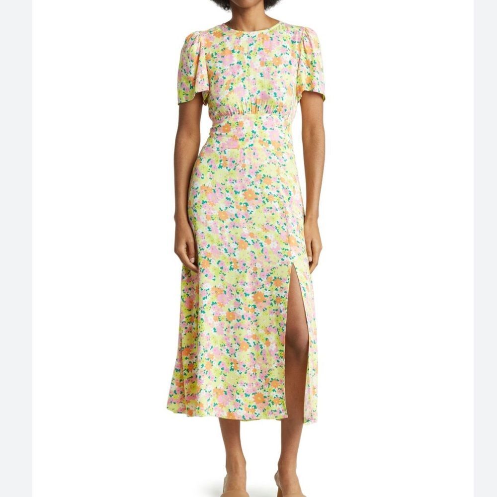AFRM Jamie Floral Print Midi Dress SZ M Women Rayon Open Back Short Sleeve Boho